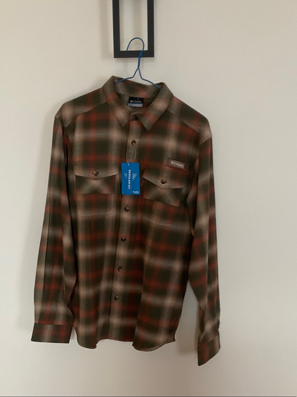 Columbia Olive Green & Rust Plaid Button-Up Shirt